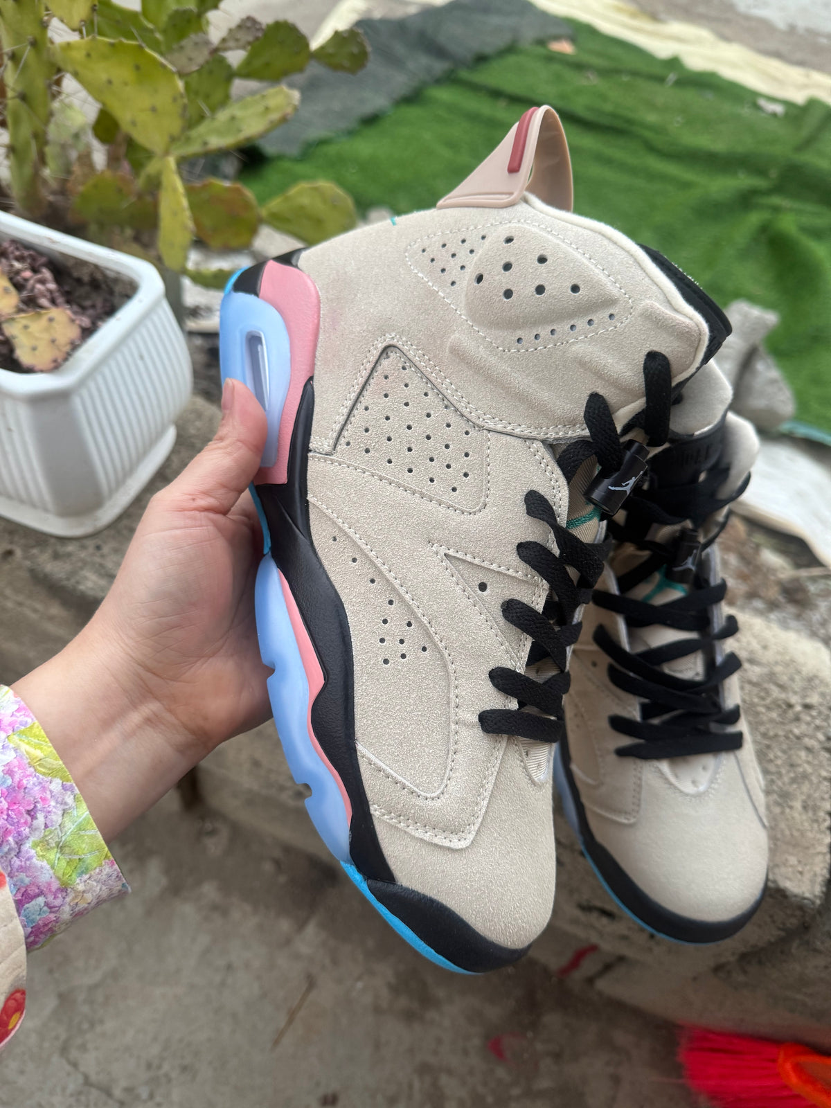 Air Jordan 6 Retro — Beige with Pink & Blue Accents
